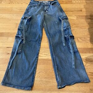VIP Y2K Cargo Wide Leg Jeans Strap Pocket Wide Leg Indie Sleaze Rave Pants XS